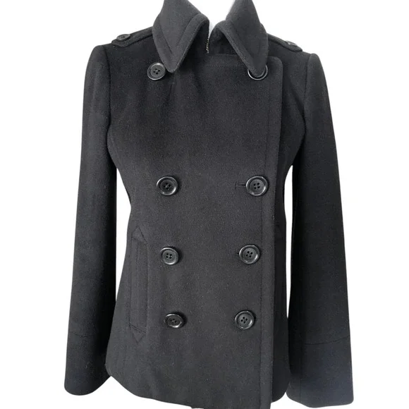 J Crew Womens High Neck Black Double Breasted Wool Pea Coat RN77388 Sz XS - Picture 2 of 16